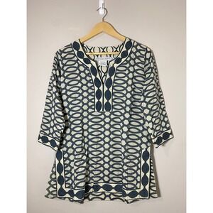 Gretchen Scott Tunic Top Womens‎ Sz M Geometric Print V-Neck 3/4 Sleeve Cover Up